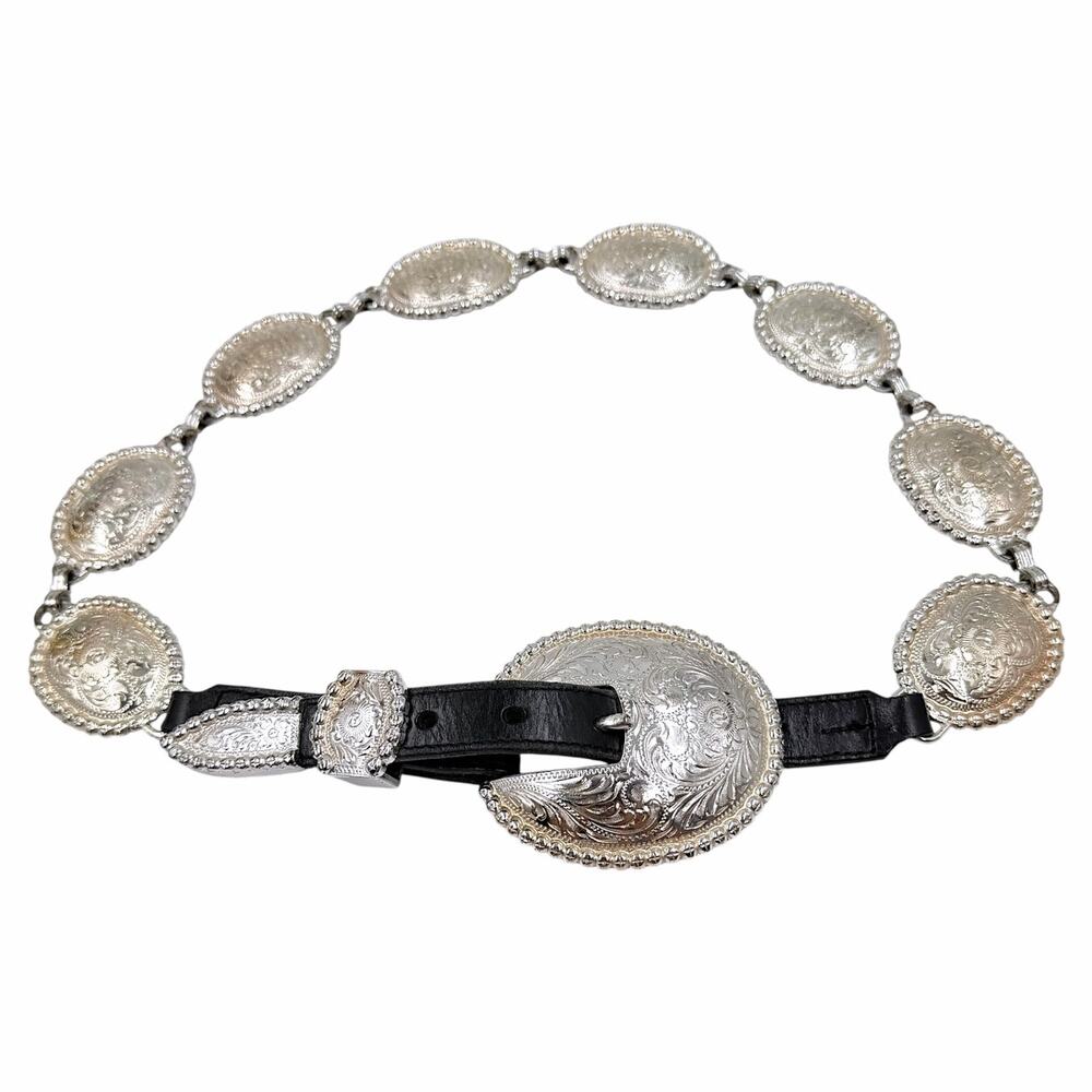 Vtg 90s Y2K Leegin Creative Silver Concho Chain Belt Western Boho Ranger Rodeo L